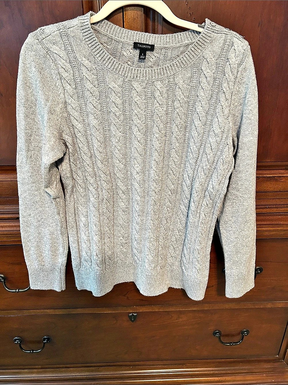 Talbots Cable Knit Heather Gray Crewneck Sweater with Shoulder Buttons Gray Smal